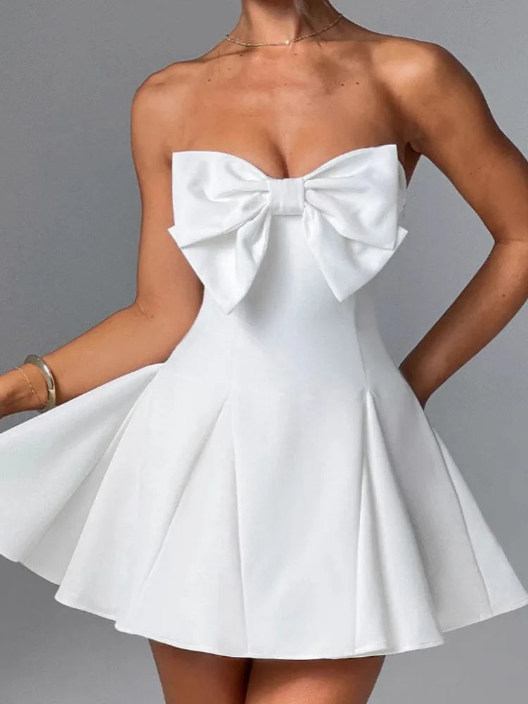 Bow Strapless Backless Sexy Mini Dress For Women Robe Fashion Solid Off-shoulder Sleeveless A-line Club Dress Vestido