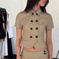 Short Sleeve Lapel Collar Asymmetrical Hem Slim Fit Blouse Women Double Breasted Crop Top Y2K Casual Office Work Shirt