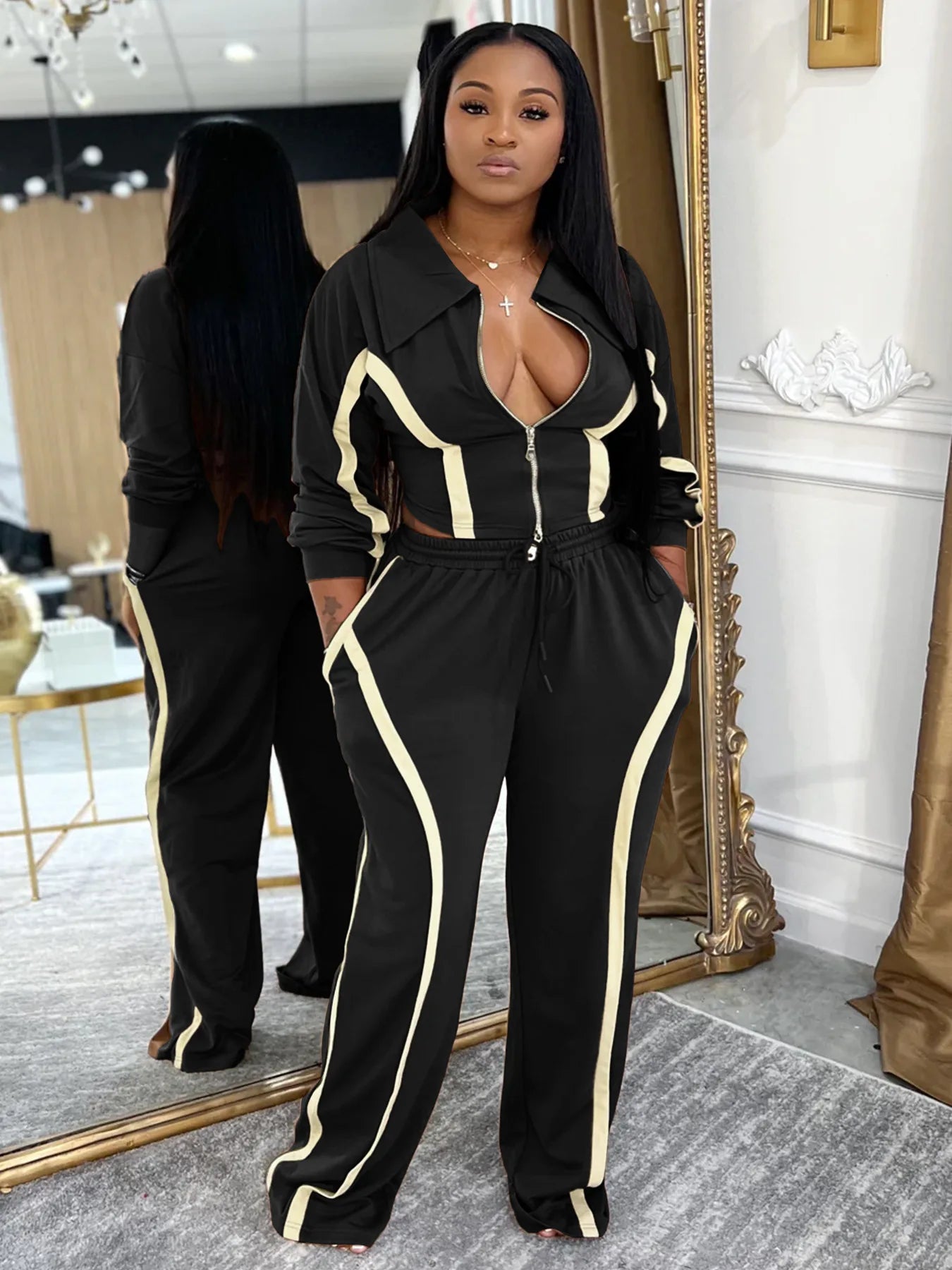 Casual Tracksuit 2-Piece Set Women Stripe Patchwork Zip Lapel Crop Jacket+Drawstring Pants Matching Sporty Outfits