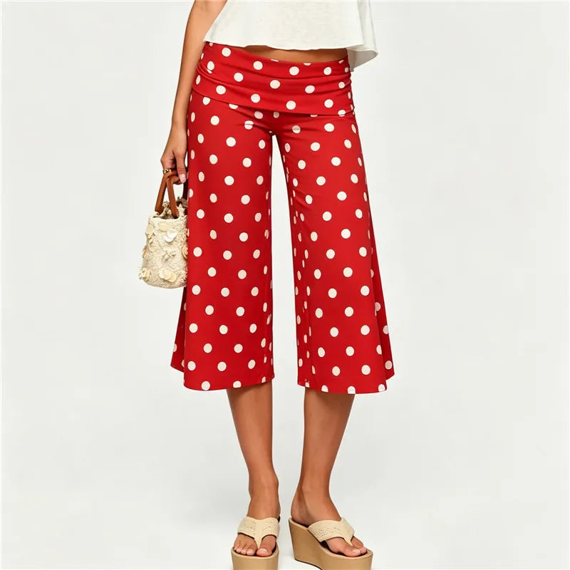 Fold Over High Waist Polka Dot Wide Leg Culottes Women Casual Loose Cropped Pants Elastic Waist Summer Beach Trousers