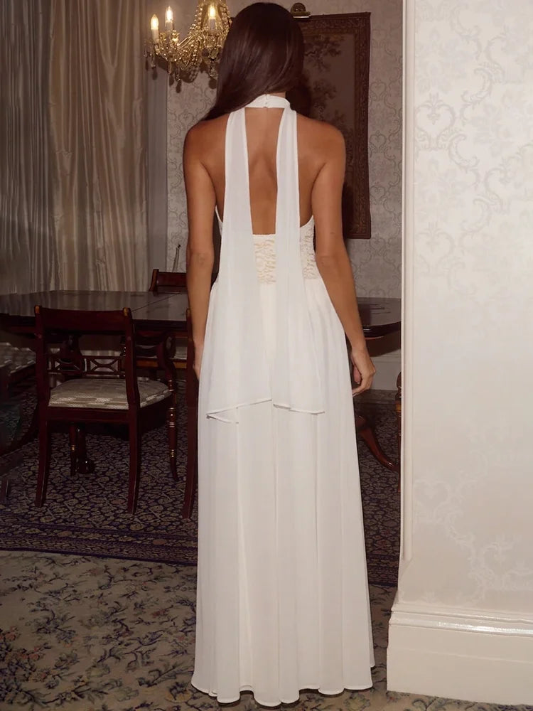 White Lace Halter Maxi Dress For Women Elegant High Neck Long Dress 2026 Summer Sleeveless Pleated Party Evening Gown