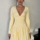 Deep V Neck Long Sleeve Dresses Sexy Outfits Women Fall 2025 Elegant Yellow Pleated Mini Dress