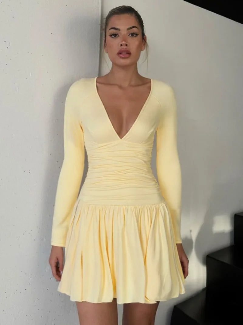 Deep V Neck Long Sleeve Dresses Sexy Outfits Women Fall 2025 Elegant Yellow Pleated Mini Dress