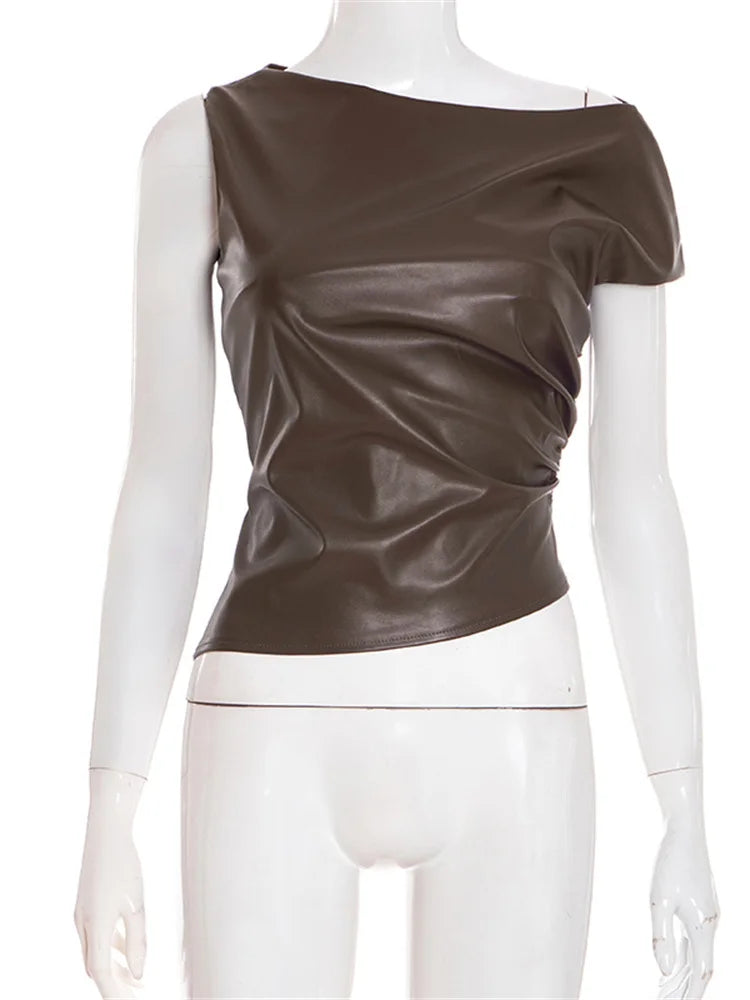 Faux Leather Tank Top Women Solid Slanted Collar Zip Ruched Slanted Hem Skinny Midnight Street Club Basic Wild Vest