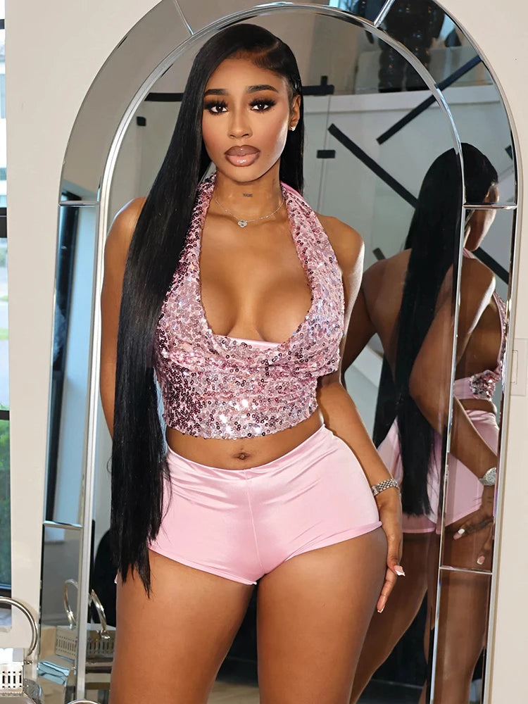 Sequins 2 Piece Set Women Y2K Hipster Halter Bandage Swing Collar Tank Tops+Shorts Matching Street Skinny Outfits