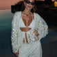 Women Sequin Cardigan Shirt Sparkly Long Sleeve Tie Open Front Shirts White V Neck Cardigans Top Going Out Streetwear