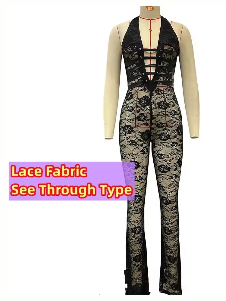 Hollow Bandage Jumpsuits Women Halter Sexy Jacquard Backless Sleeveless Skinny Street Workout Club Hipster Overalls