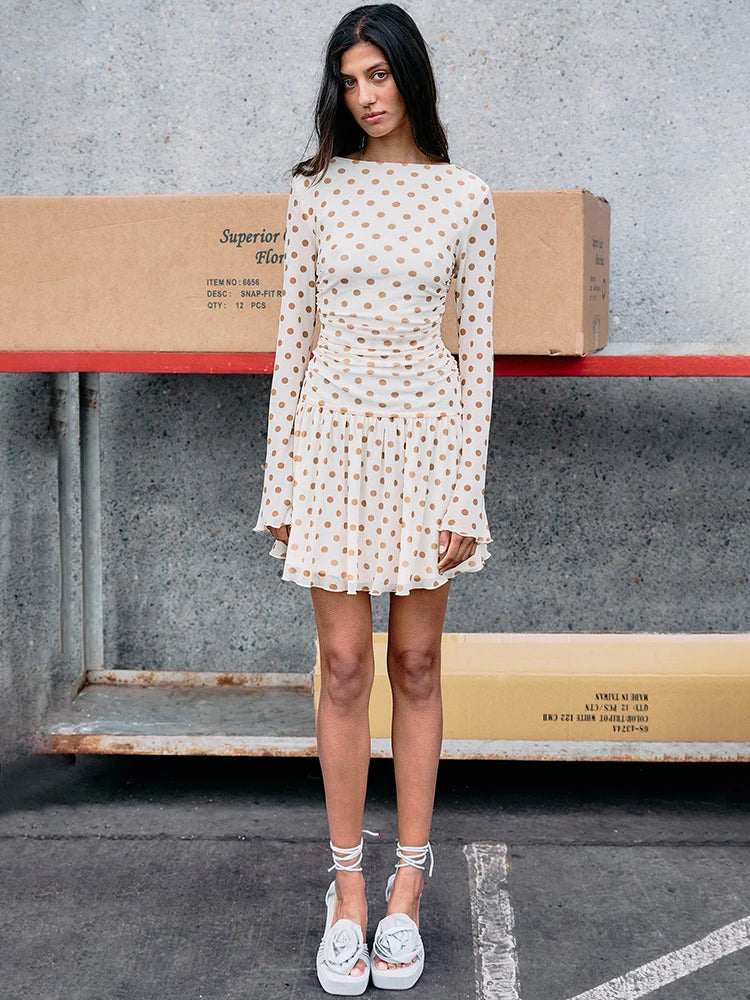 Women Polka Dot Mini Dress Long Flare Sleeve Round Neck Mesh Ruched Waist Pleated A‑Line Short Party Casual Dresses