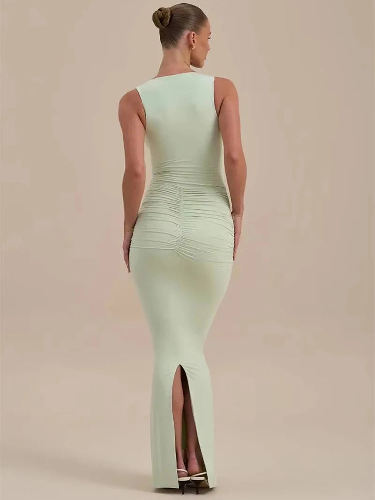 Deep V Neck Sleeveless Sexy Maxi Dress Women Elegant Ruched Bodycon Back Split Club Party Long Dress Female Clubwear