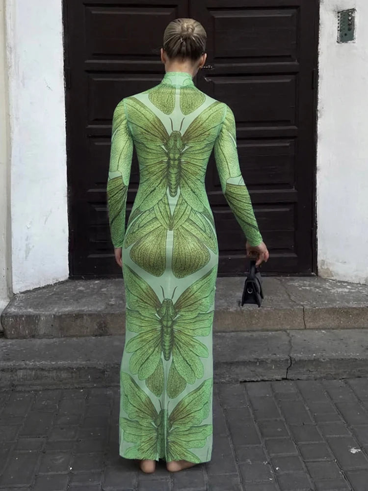 Sexy See Through Women Dress Butterfly Print Long Sleeve Elegant Stretch Skinny Midnight Clubwear Midnight Bodycon