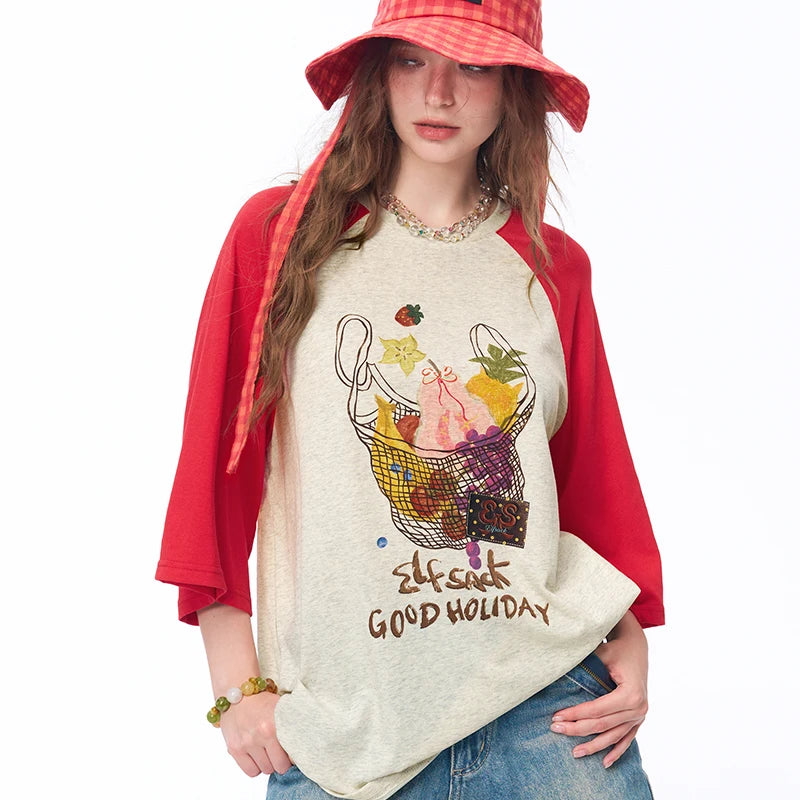 Women's Raglan 3/4 Sleeve T-Shirt with Fruit Basket Graphic Print, Color Block Loose Tee for Daily, Casual Oversized Top