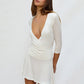 Women Deep V Wrap Sexy Mini Dress Elegant 3/4 Sleeve Ruched Waist Tie Back Flared Hem Casual Club Party Short Dress