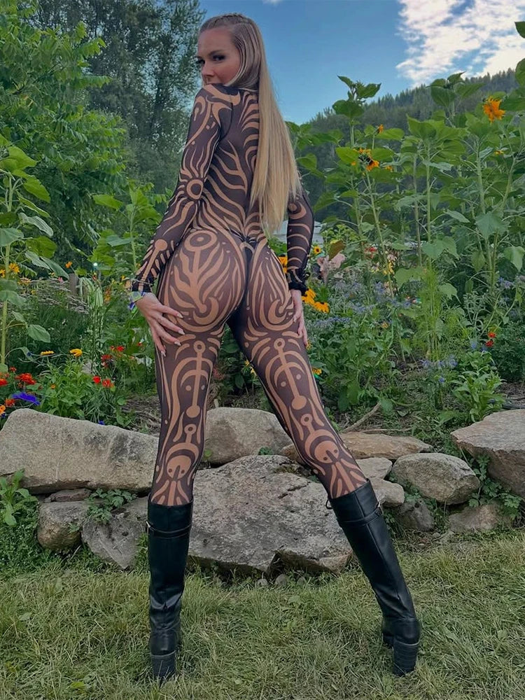 Sexy Striped Print Jumpsuits Women Wild Style Turtleneck Full Sleeve Midnight Party Club Stretch Streetwear Overalls