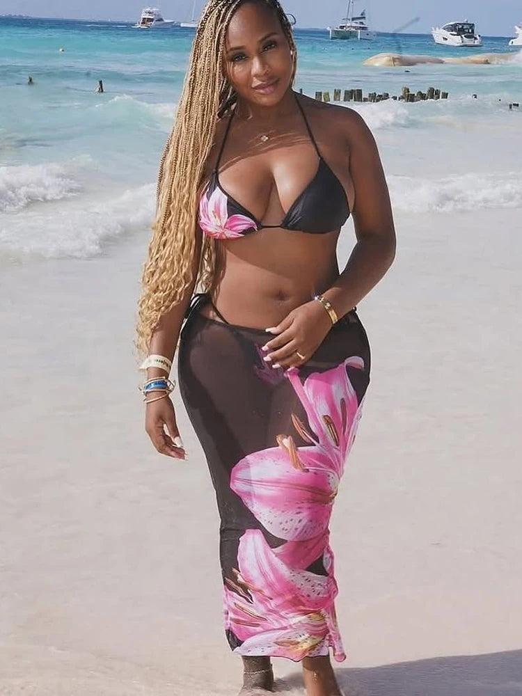 Sexy Flower Print 3 Piece Set Women Thin Bra+Thong+ Long Skirts Matching Vacation Matching Clubwear Beach Swimsuit