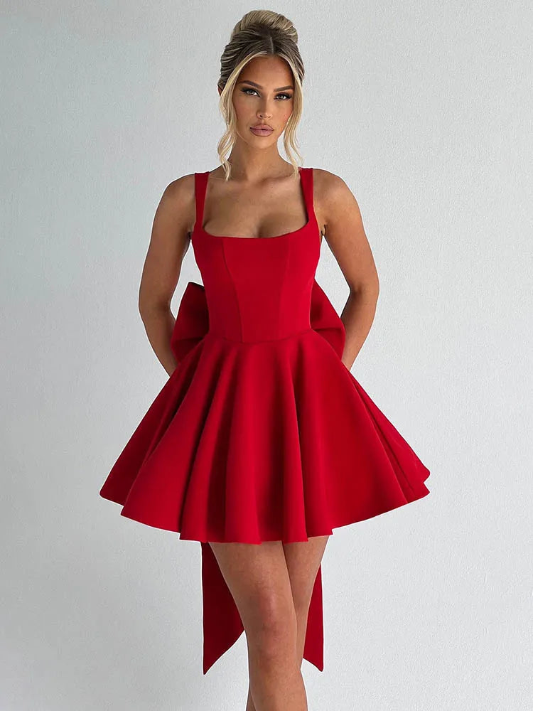 Backless Bow Sexy Mini Dress Women Fashion Elegant Spaghetti Strap Sleeveless High Waist A-line Club Party Dress New