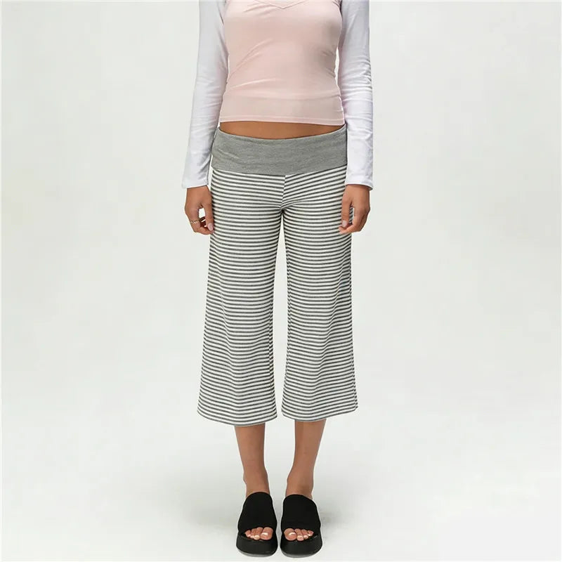 Fold Over Gaucho Pants for Women Flowy Wide Leg Yoga Capris Summer Casual Elastic Low Rise Cropped Palazzo Culottes