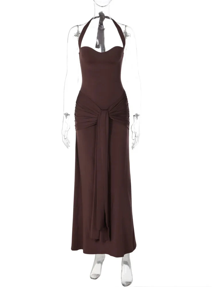 Halter Backless Sexy Maxi Dress Women Elegant Sleeveless Ruched Waist Draped Bodycon Club Party Evening Cocktail Dress