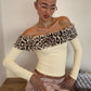 Leopard Print Splicing Off Shoulder Long Sleeve Crop Tops for Woman Sexy T Shirts Spring 2026
