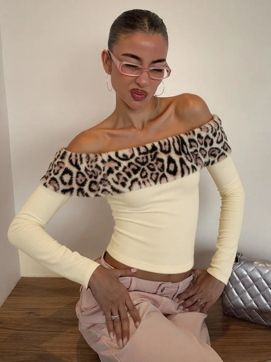 Leopard Print Splicing Off Shoulder Long Sleeve Crop Tops for Woman Sexy T Shirts Spring 2026