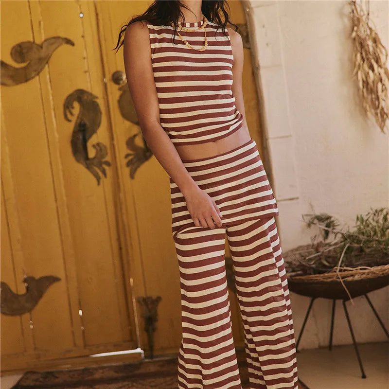 Striped Two Piece Loungewear Crew Neck Sleeveless Short Crop Top Wrap Cover Wide Leg Palazzo Pants Women Summer Set