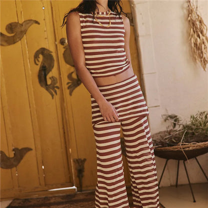 Striped Two Piece Loungewear Crew Neck Sleeveless Short Crop Top Wrap Cover Wide Leg Palazzo Pants Women Summer Set