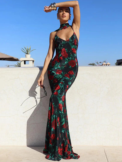 Halter Backless Print Sexy Maxi Dress For Women Gown Elegant Sleeveless High Waist Evening Club Party Long Dress