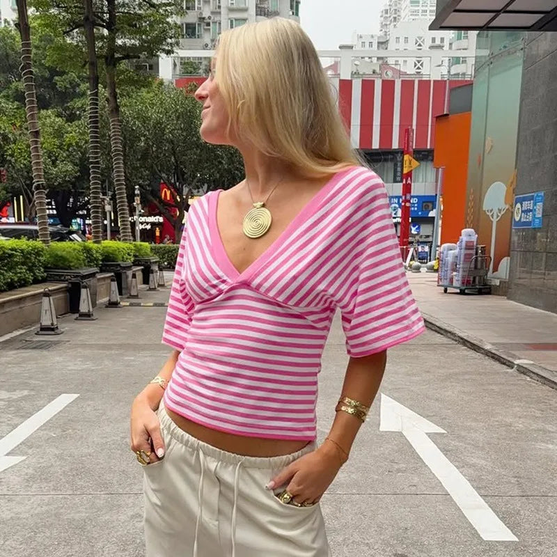 Striped Casual Tshirt Woman Clothes Fashion Deep V-Neck Batwing Sleeve Crop Tops Summer 2026