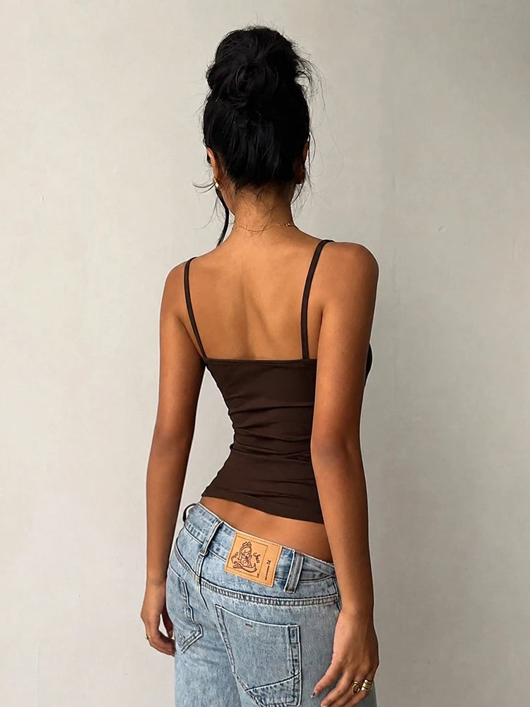Metal Buckle Decoration Tank Tops Woman Summer Trend Off Shoulder Backless Shape Waist Look Slimmer Camisole Tops