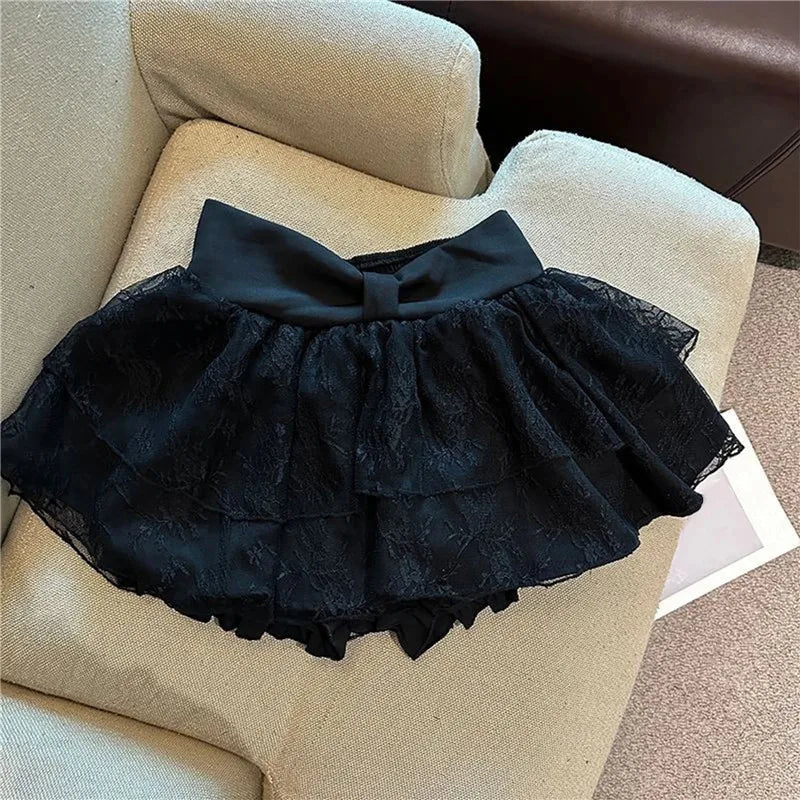 Balletcore Sweet Lace Layered Skort Ladies Large Bow Waist Ruffled Mini Skirt Built In Shorts Y2K Kawaii Going Out Skirt