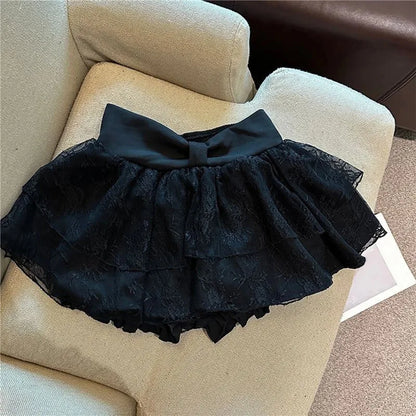 Balletcore Sweet Lace Layered Skort Ladies Large Bow Waist Ruffled Mini Skirt Built In Shorts Y2K Kawaii Going Out Skirt