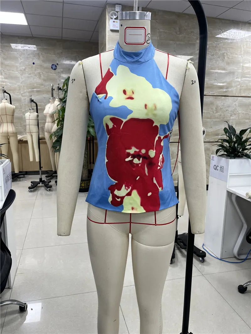 Boho Graphic Print Backless Camis Women Y2k Halter Tank Top Vintage Sleeveless Tie Up Crop Top Summer Vest Streetwear