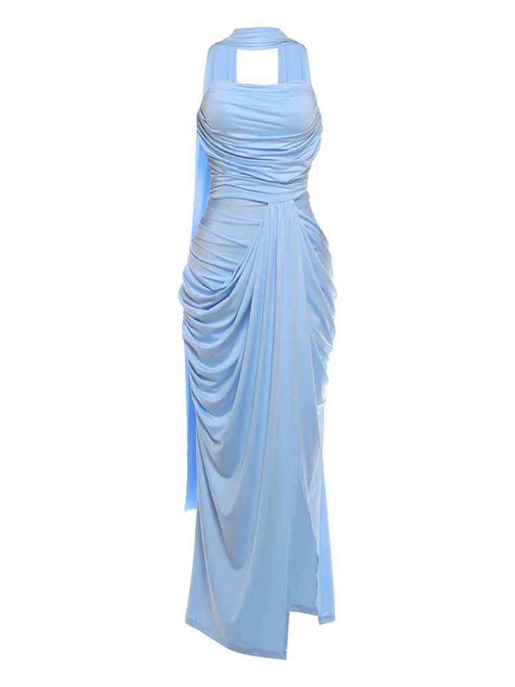 Eleganr Gown Dress+Ribbon Woman Sexy Wrap Chest Backless Ruched High Splits Hen Evening Prom Party Fashion Vestidos