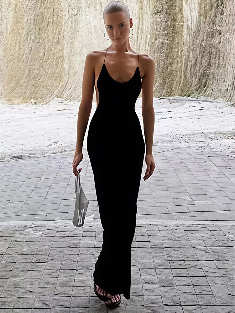 Spaghetti Strap Backless Sexy Maxi Dress Women Elegant Black Sleeveless Draped Bodycon Club Party Long Dress Female