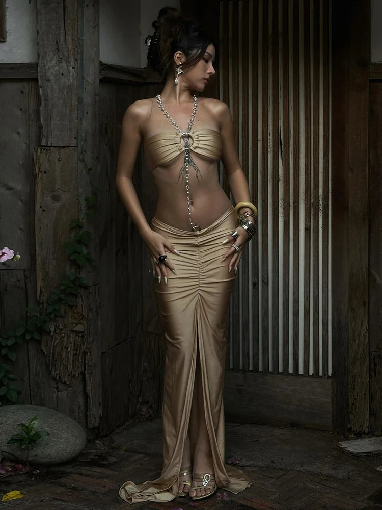 Pearl Metal ring Chain Halter Dress Women Fashion Backless Ruched Hollow High Sti