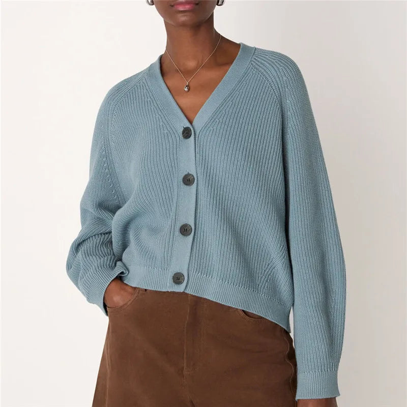 Women V Neck Ribbed Knit Cardigan Button Down Long Sleeve Cropped Sweater Loose Basic Knitwear Fall Winter Jumpers