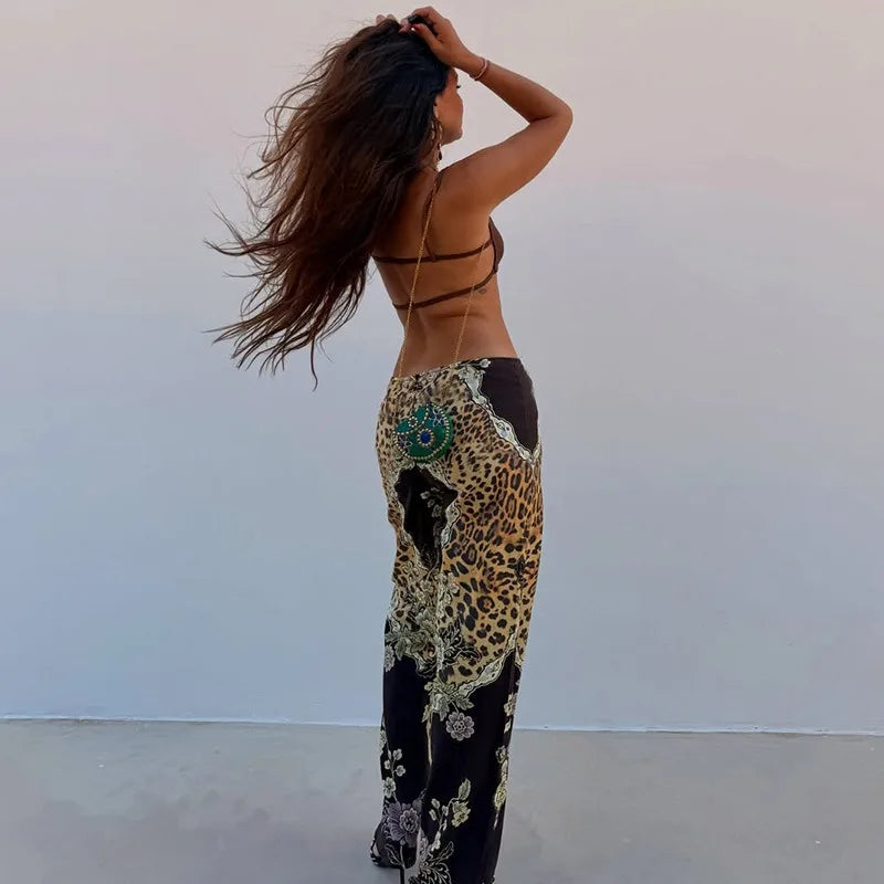 Leopard Floral Print Lace Up Wide Leg Pants Fashion Clothing Trousers for Woman 2026 C78-DZ32