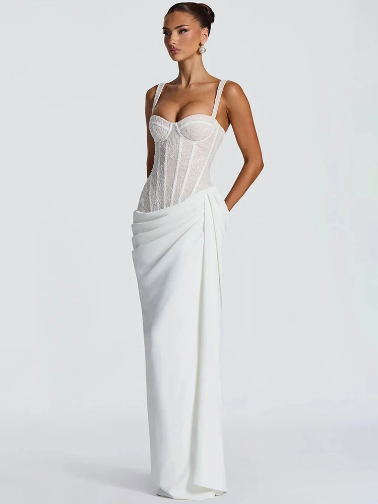 Lace Corset Sexy Maxi Dress Women Elegant Spaghetti Strap Draped Ruched Mermaid Long Wedding Guest Evening Formal Gown
