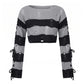 Y2K Punk Distressed Striped Crop Knit Sweater Women Cross Lace Up Side Long Sleeve Ripped Hole Gothic Streetwear Top