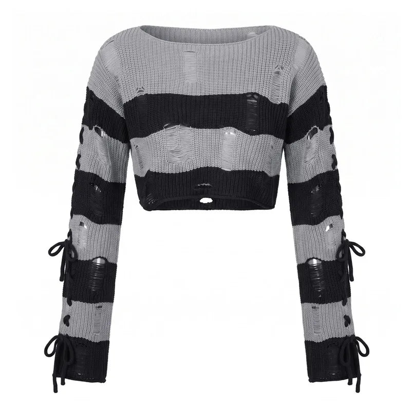 Y2K Punk Distressed Striped Crop Knit Sweater Women Cross Lace Up Side Long Sleeve Ripped Hole Gothic Streetwear Top