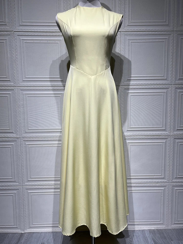 Sleeveless High Waist Sexy Midi Dress For Women Fashion Elegant Solid Pleated Club Party Long Dresses Female New