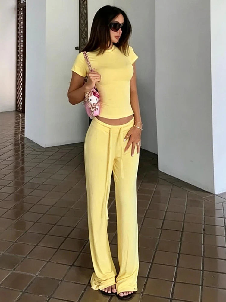Casual Simple Style 2 Piece Set Woman Summer Trend o-Neck Short Sleeve T-Shirts+Drawstring Straight Pants Streetwear