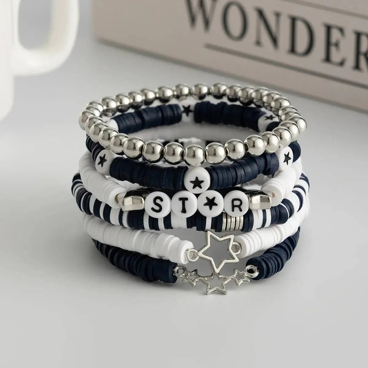 6Pcs Trend Creative Black White Soft Ceramic Acrylic Bead Bracelet Set Versatile Letter Bracelet on Hand Accessory Jewelry