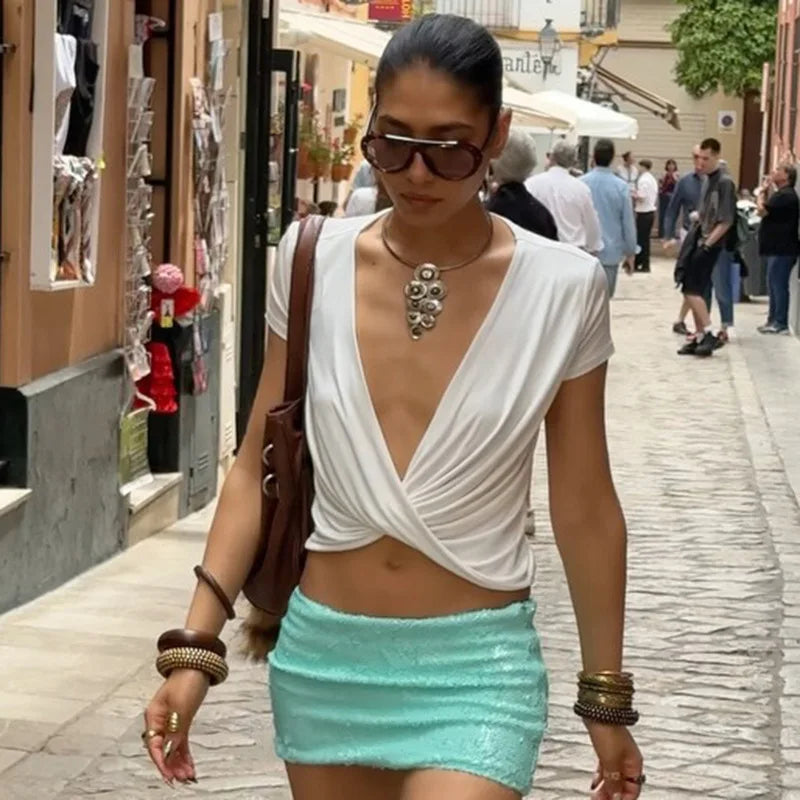 Deep V Neck Short Sleeve Crop Tops Twist-front Wrap Design White Tshirt Woman Clothes Summer 2026