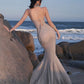 Glitter Maxi Dress Women Fish Tail Hem Backless Cross Bandage Low-Neck Sleeveless Beach Party Vacation Vestidos