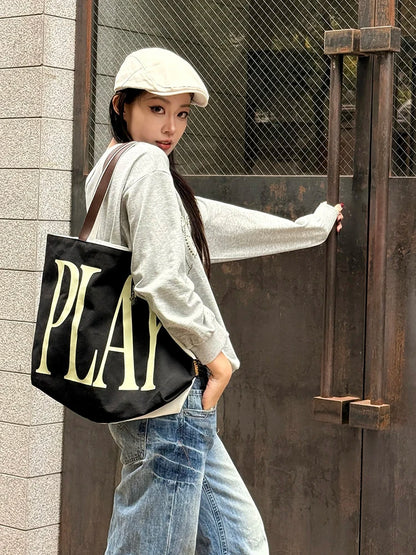 Off White Large Canvas Tote Bag with Bold Maroon "PLAY" Print for Women