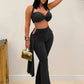 Ruched 2 Piece Set Women Sexy Halter Backless Bra+Metal Casp Ribbon Flared Pants Matching Party Club Stretch Outfits