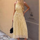 Yellow Polka Dot Summer Dresses 2026 Elegant Halter Backless Pleated Long Dress Woman Clothing
