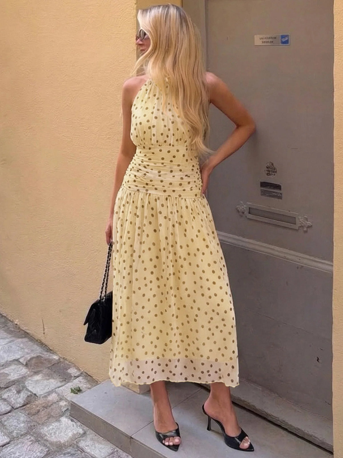 Yellow Polka Dot Summer Dresses 2026 Elegant Halter Backless Pleated Long Dress Woman Clothing