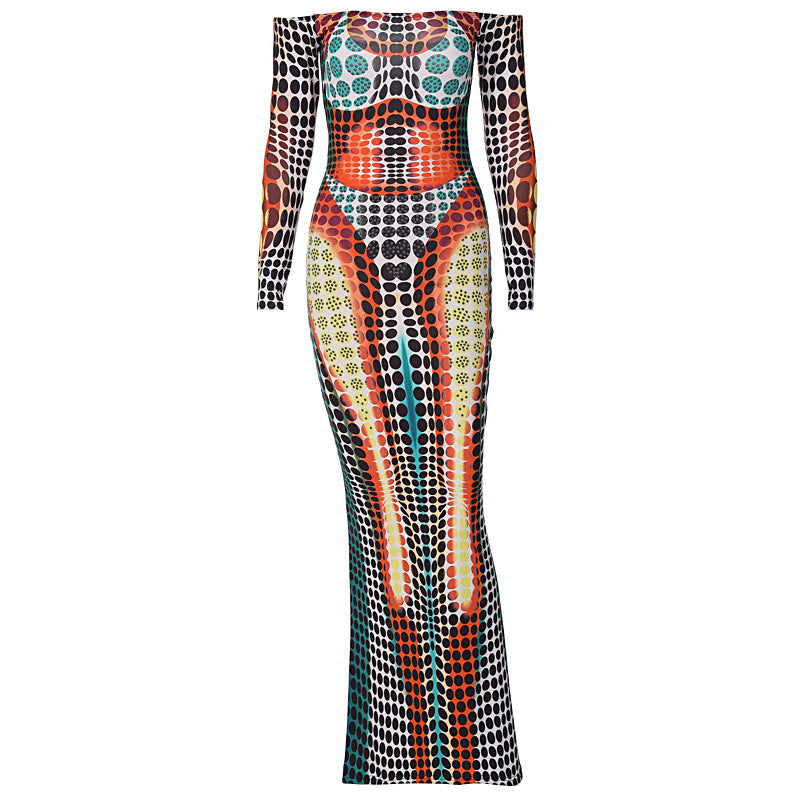 3D Polka Dot Print Maxi Dress Sexy Women Party Outfits Off The Shoulder Falre Hem Long Sleeve Bodycon Dresses