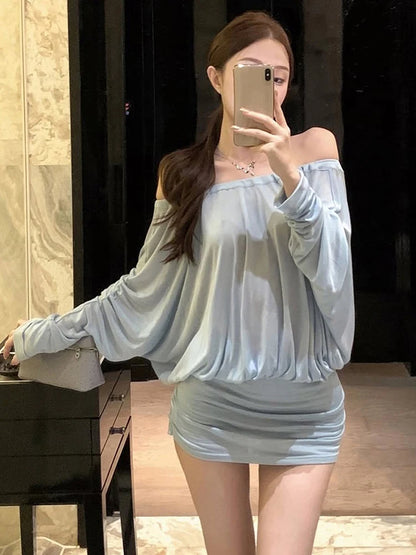 Elegant Slash Neck Dress Women Sexy Bat Sleeve Ruched Backless Bandage Club Streewear Stretch Peach Hip Mini Bodycon